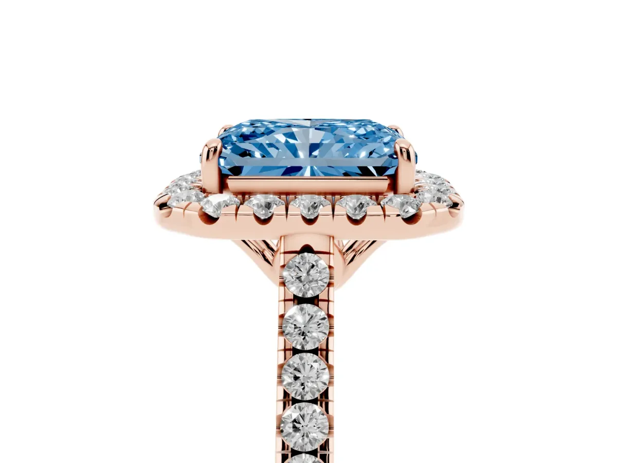Fancy Blue Radiant Cut Halo Pavé Diamond Engagement Ring with Four-Prong Setting Rose gold