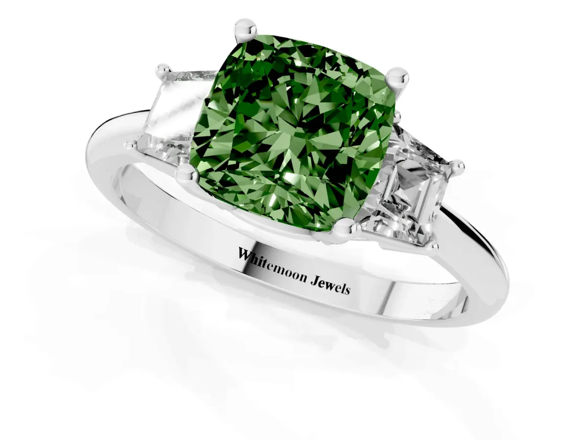 Fancy Green Cushion Cut Diamond Three-Stone Ring with Trapezoid Side Stones and Prong Setting Silver
