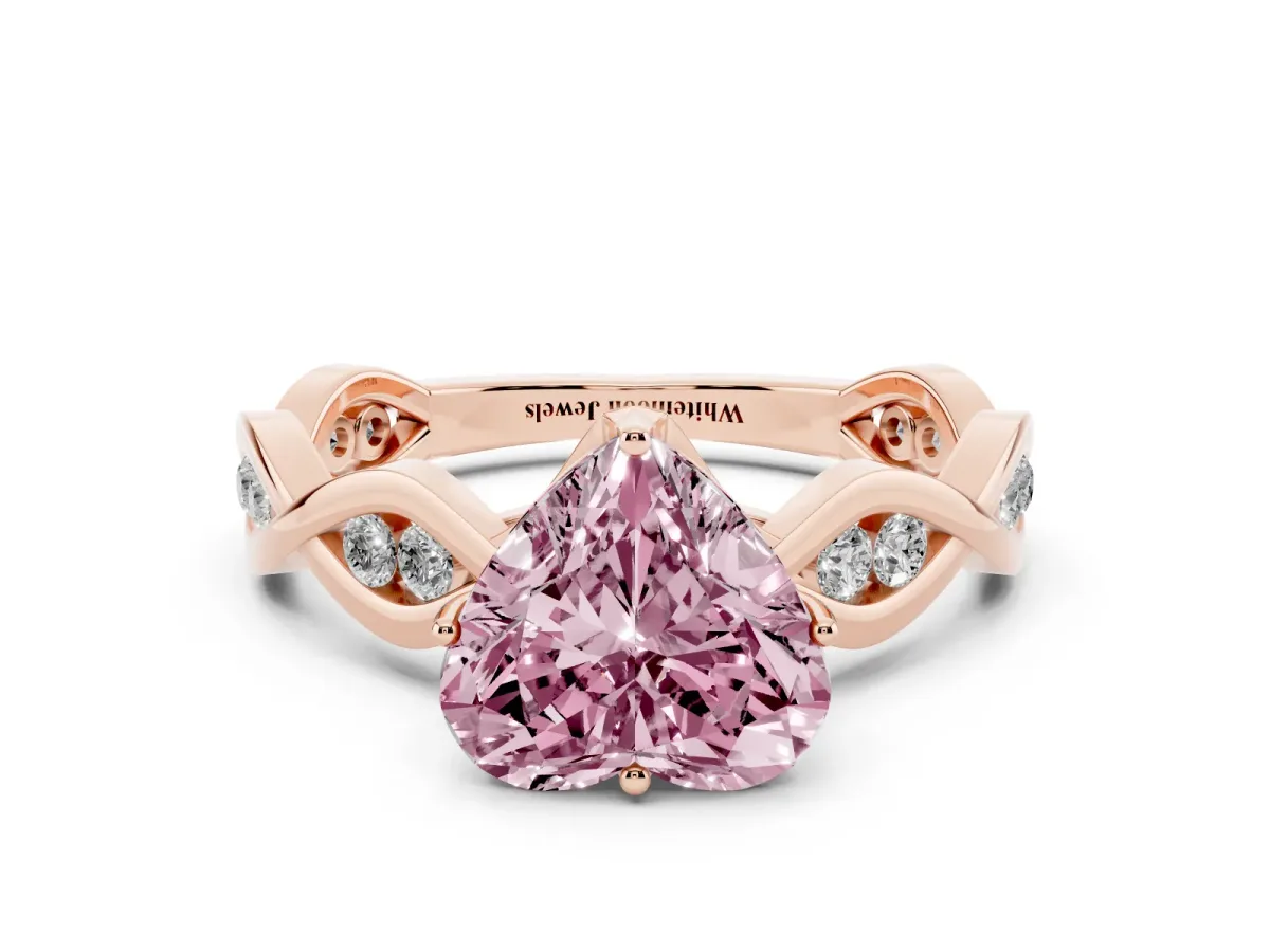 Fancy Pink Heart Cut Solitaire Twist Band with Leaf Prong Setting Rose gold