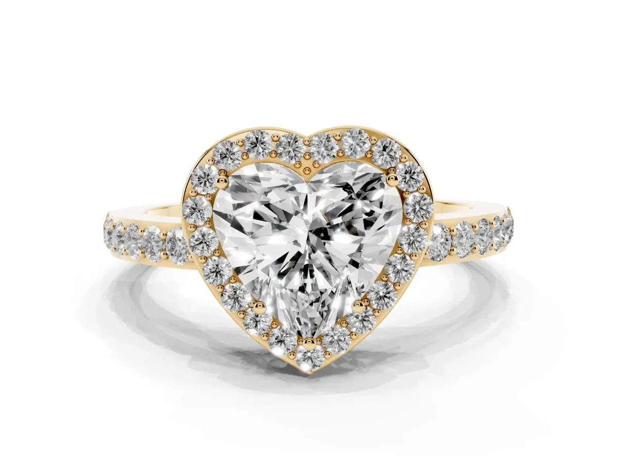 Heart Cut Halo Diamond Pavé Band Ring with Prong Setting Yellow gold