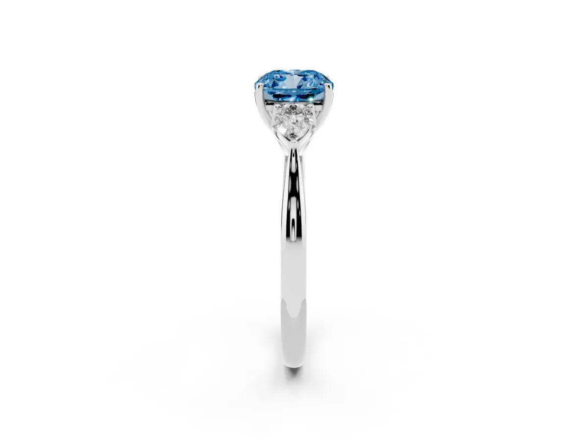 Fancy Blue Cushion Cut Diamond Three-Stone Ring with Pear Side Stones and Prong Setting Silver
