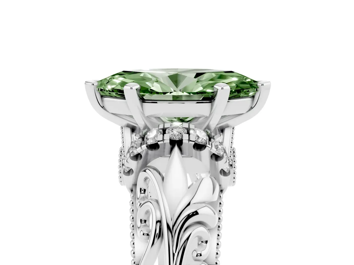 Fancy Green Marquise Cut Solitaire Filigree Engagement Ring with Halo and Prong Setting Silver