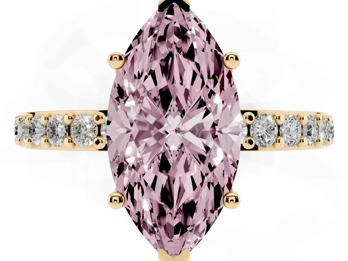 Fancy Pink Marquise Cut Cut Diamond Solitaire with Pave Band and Four-Prong Setting Yellow gold