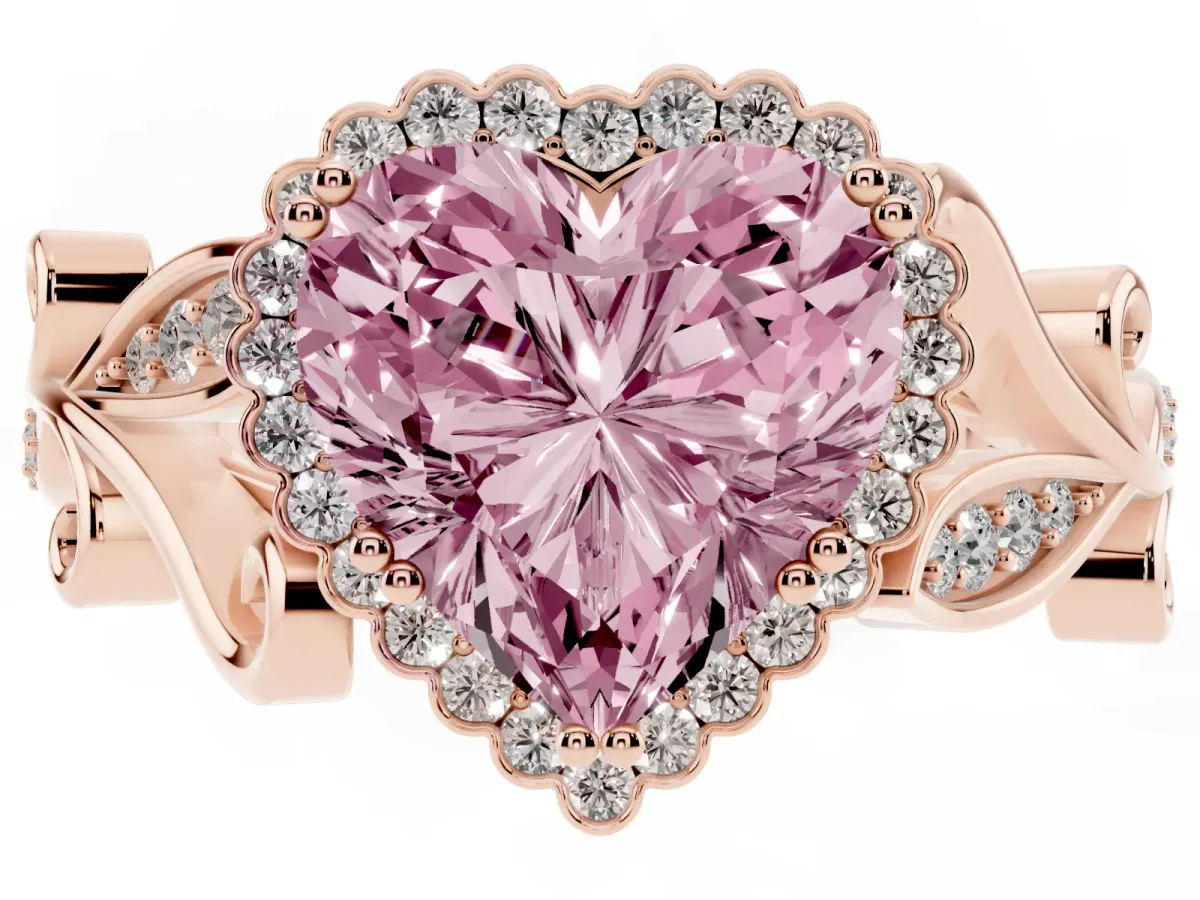 Fancy Pink Heart Cut Diamond Halo Ring with Vintage Split Shank and Four-Prong Setting Rose gold