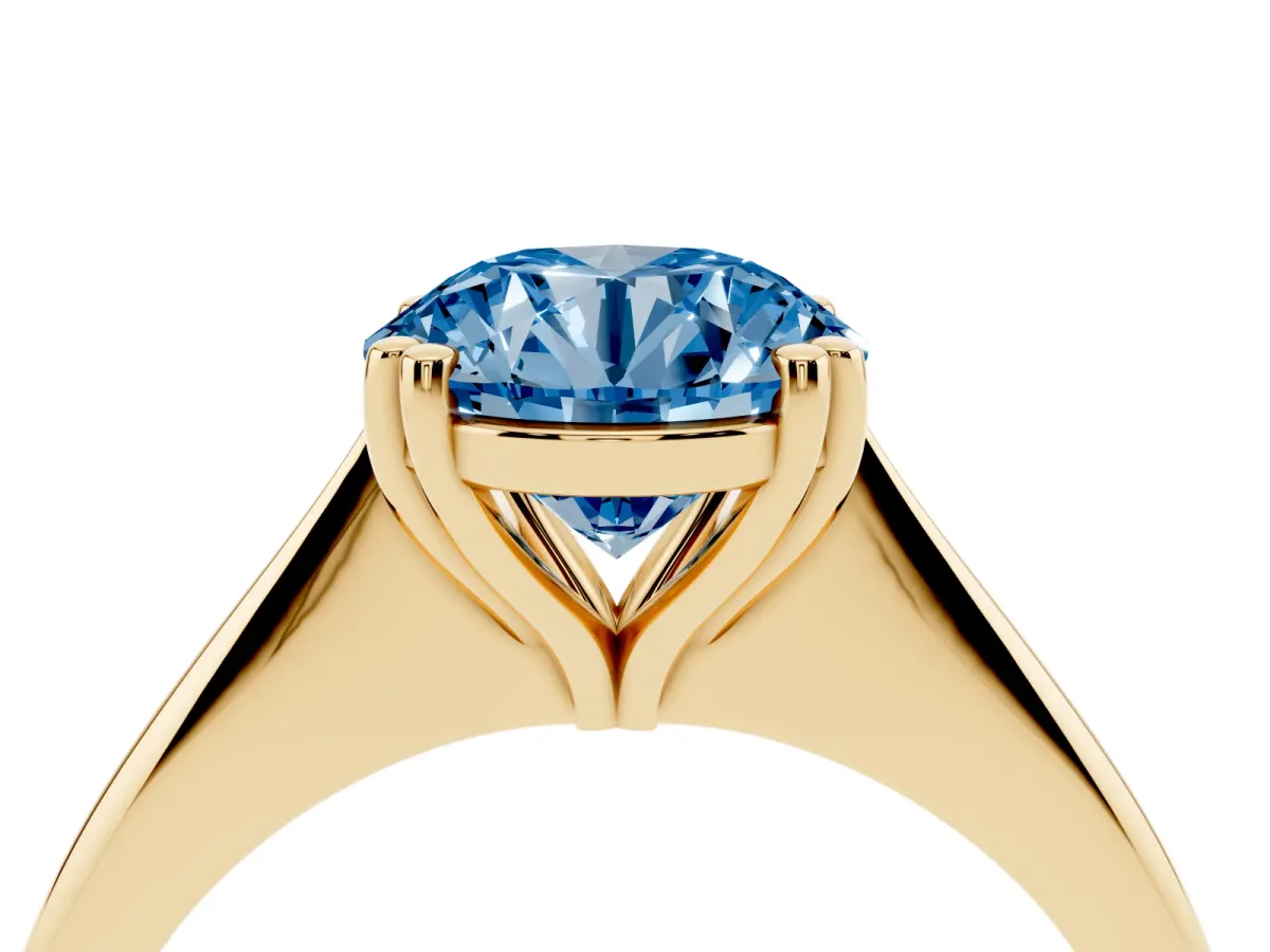 Fancy Blue Round Cut Solitaire Diamond Ring with Six-Prong Setting and Classic Band Yellow gold