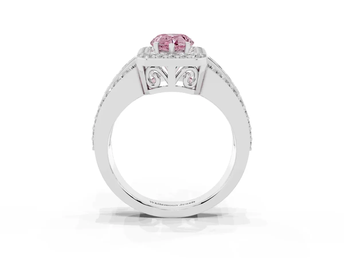Fancy Pink Pear Cut Halo Diamond Ring with Round Split Shank and Prong Setting Platinum