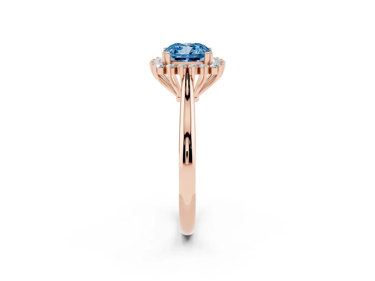 Fancy Blue Cushion Cut Cut Diamond Halo Ring with Solitaire Band and Prong Setting Rose gold