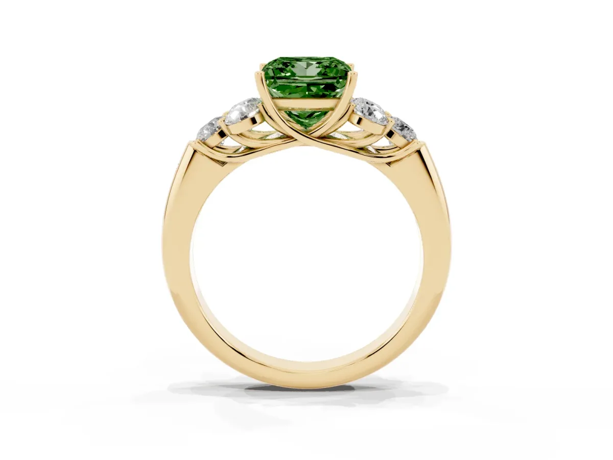 Fancy Green Princess Cut Cut Diamond Cluster Ring with Round Accent Stones and Prong Setting on a Classic Band Yellow gold