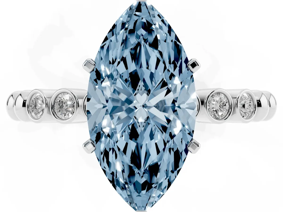 Fancy Blue Marquise Cut Solitaire Bezel Accent Diamond Engagement Ring with Beaded Band and Four-Prong Setting Platinum