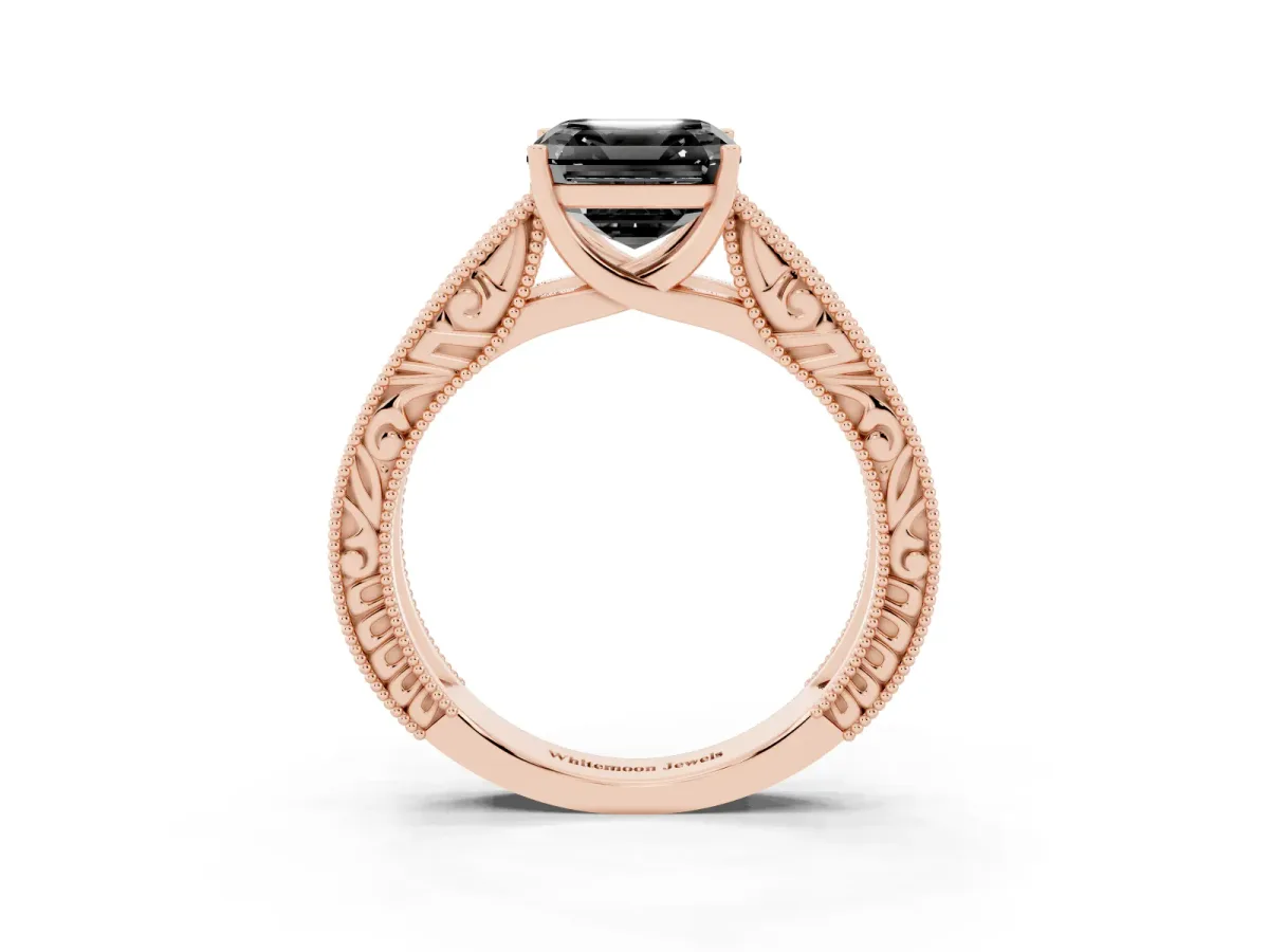 Fancy Black Asscher Cut Diamond Solitaire Ring with Engraved Band and Four-Prong Setting Rose gold