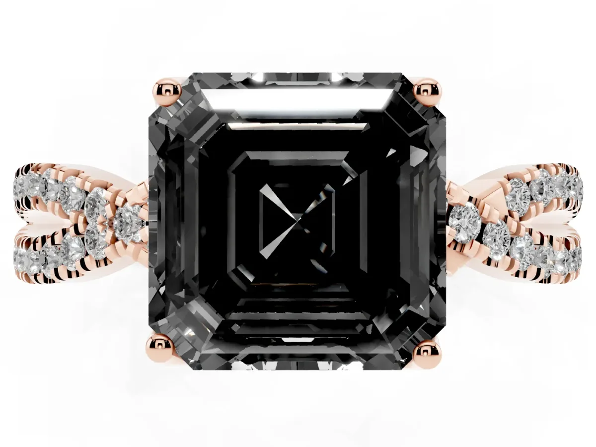 Fancy Black Asscher Cut Solitaire Twist Pave Diamond Engagement Ring with Prong Setting Rose gold