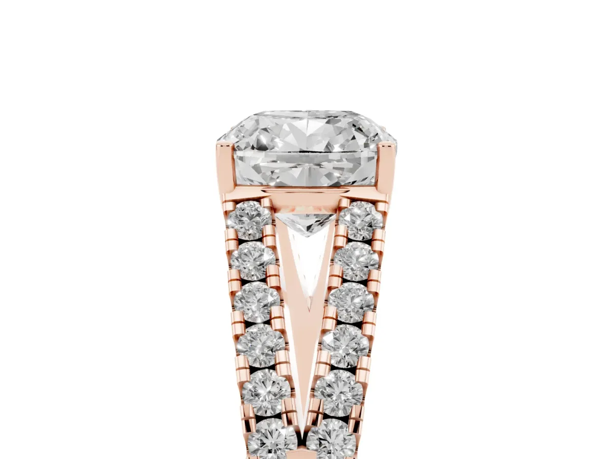 Cushion Cut Diamond Split Shank Engagement Ring with Round Pavé and Prong Setting Rose gold