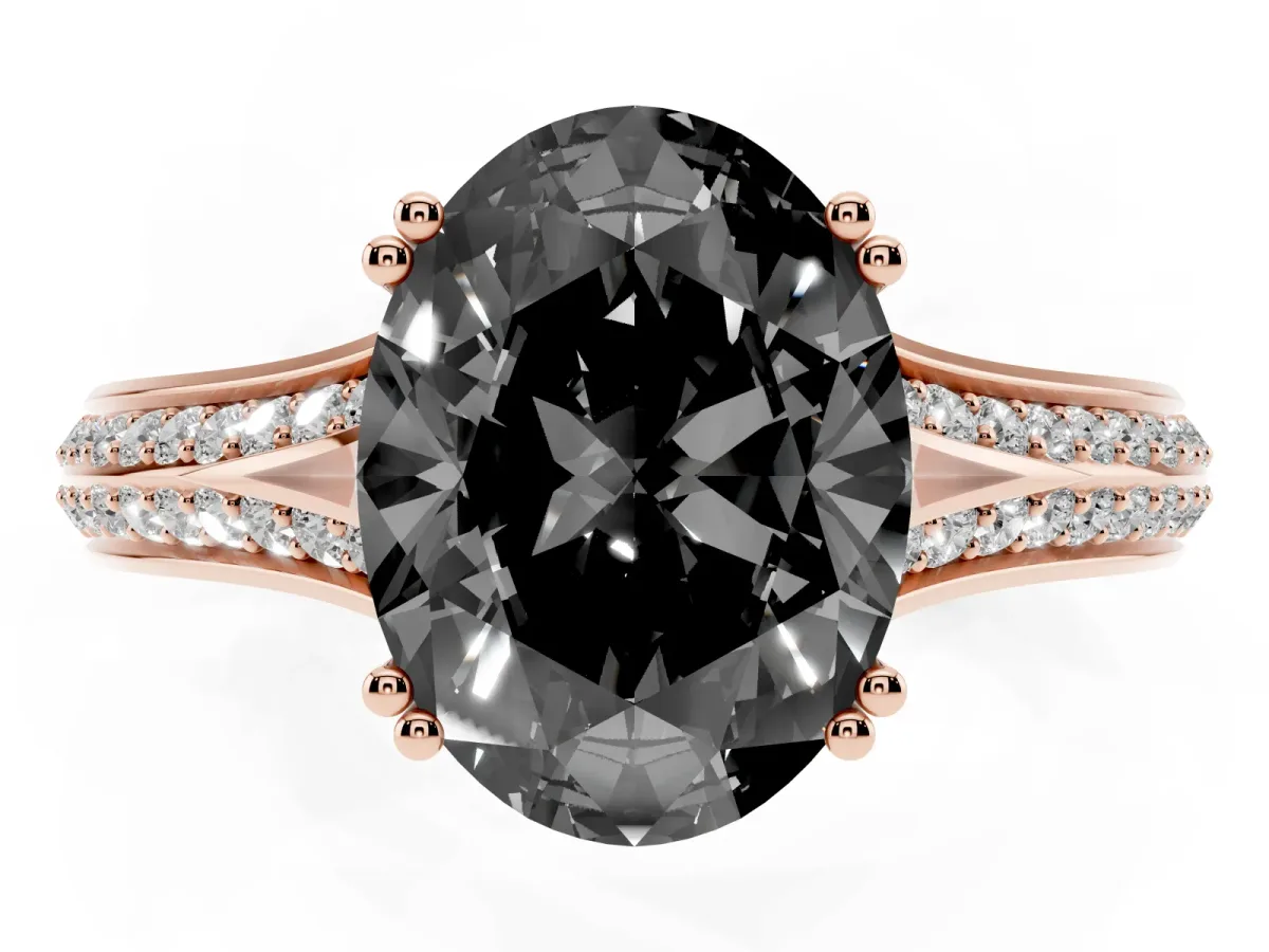 Fancy Black Oval Cut Diamond Split Shank Engagement Ring with Pavé Band Rose gold