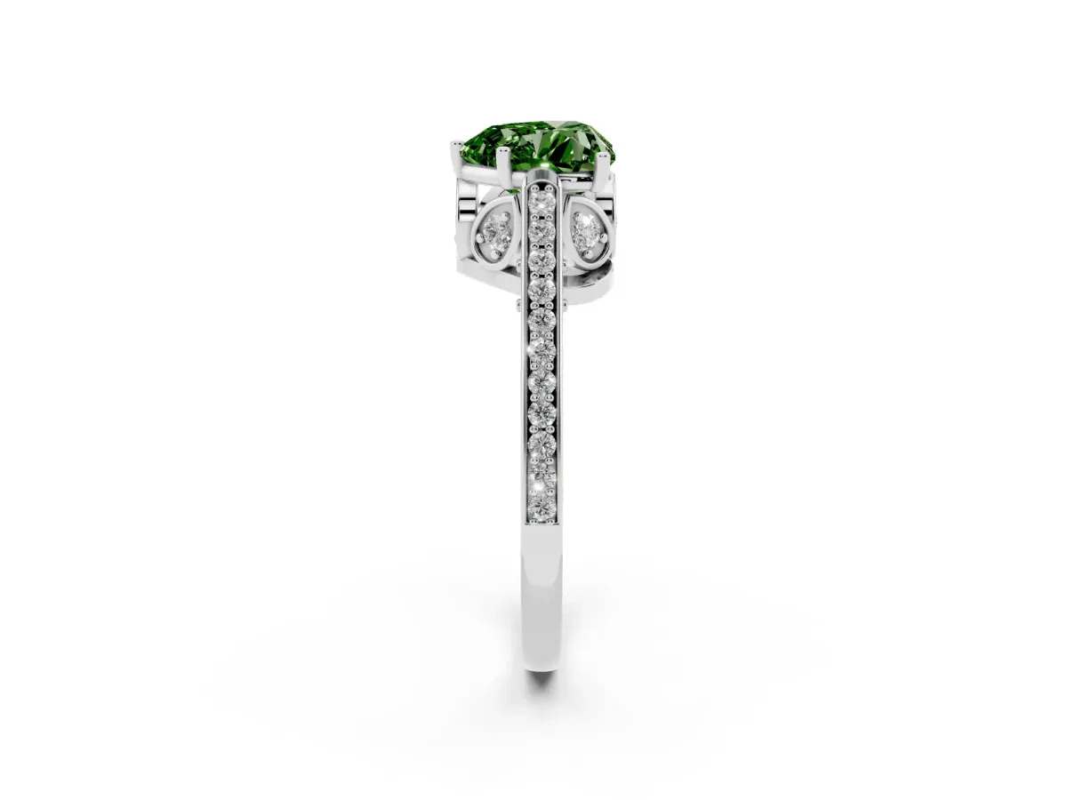 Fancy Green Heart Cut Cut Cathedral Pave Diamond Engagement Ring with Six-Prong Setting Silver
