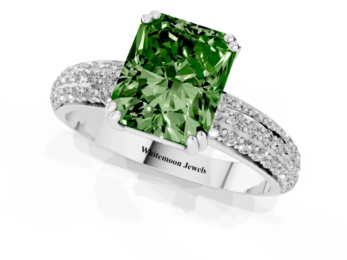 Fancy Green Radiant Cut Diamond Solitaire Ring with Multi-Row Round Pavé Band and Prong Setting White gold