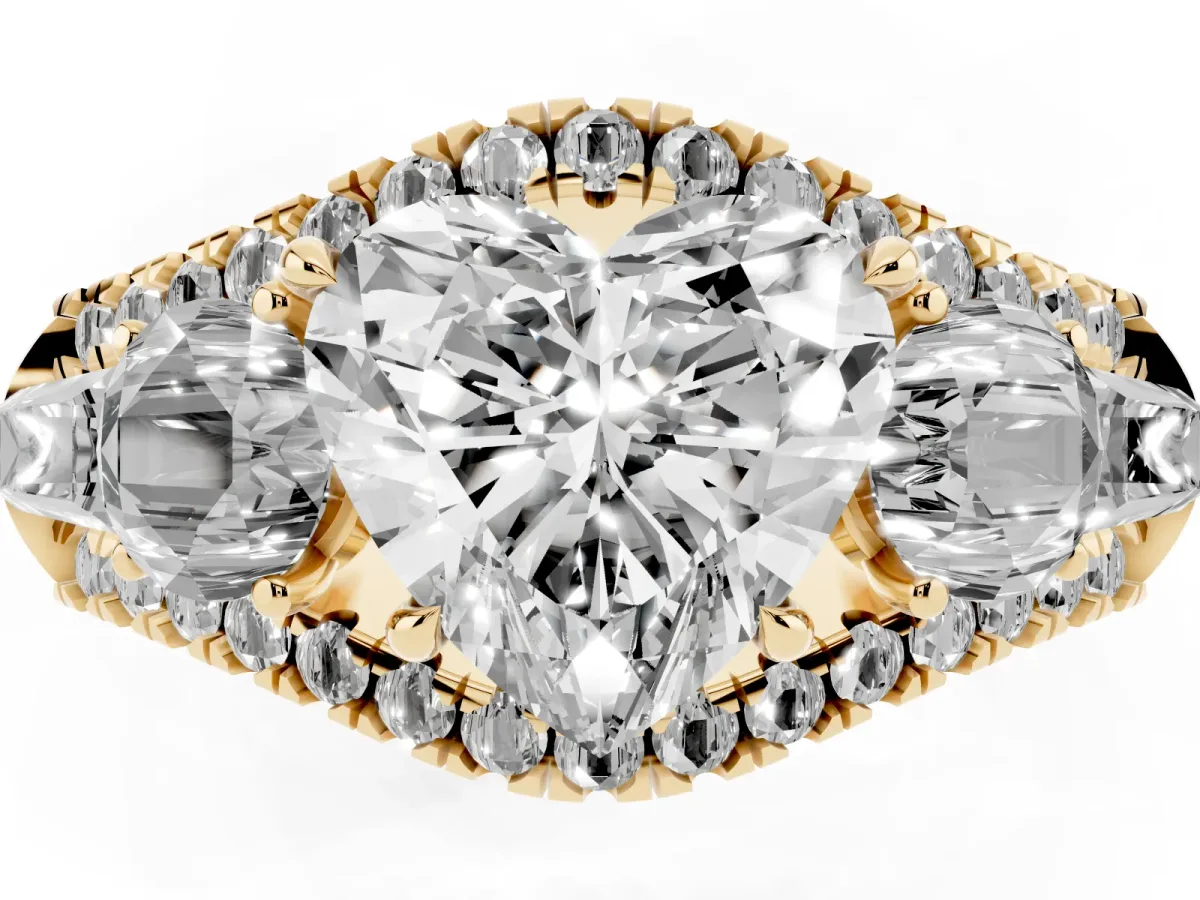 Three-Stone Heart Cut Diamond Engagement Ring with Pave Band and Prong Setting Yellow gold