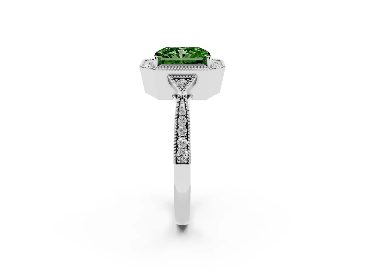 Fancy Green Radiant Cut Halo Round Diamond Milgrain Pave Engagement Ring Platinum