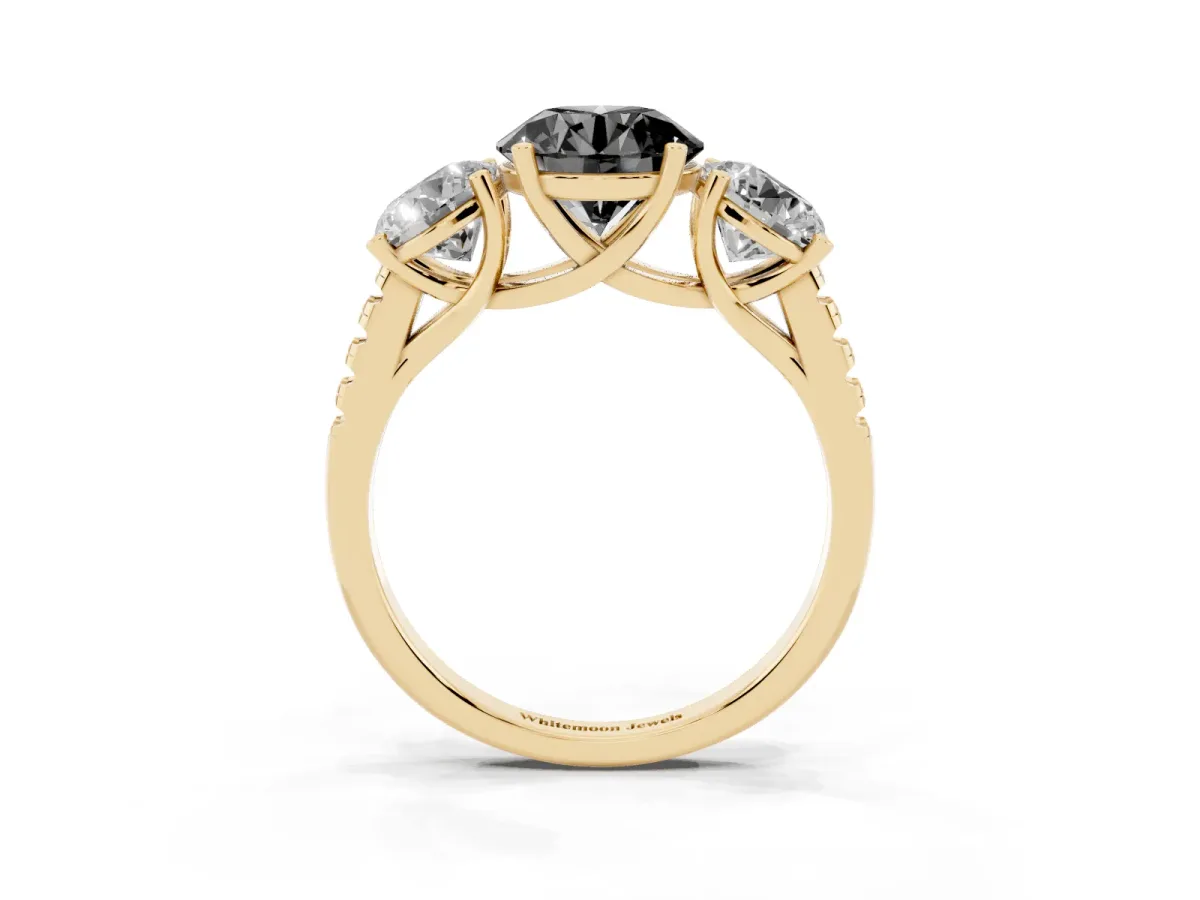 Fancy Black Three-Stone Round Cut Diamond Ring with Round Pavé Band and Prong Setting Yellow gold