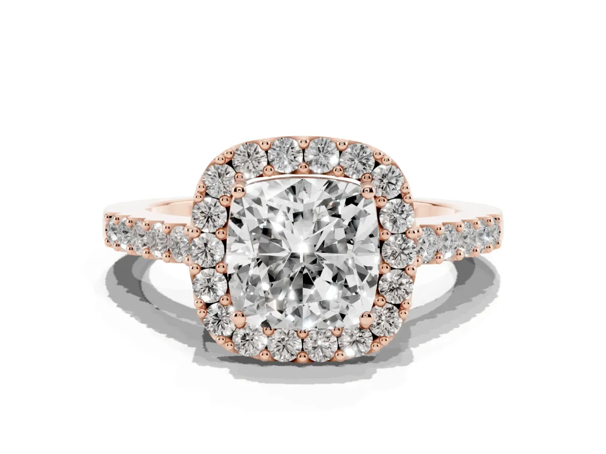 Cushion Cut Halo Diamond Pavé Solitaire Ring Rose gold