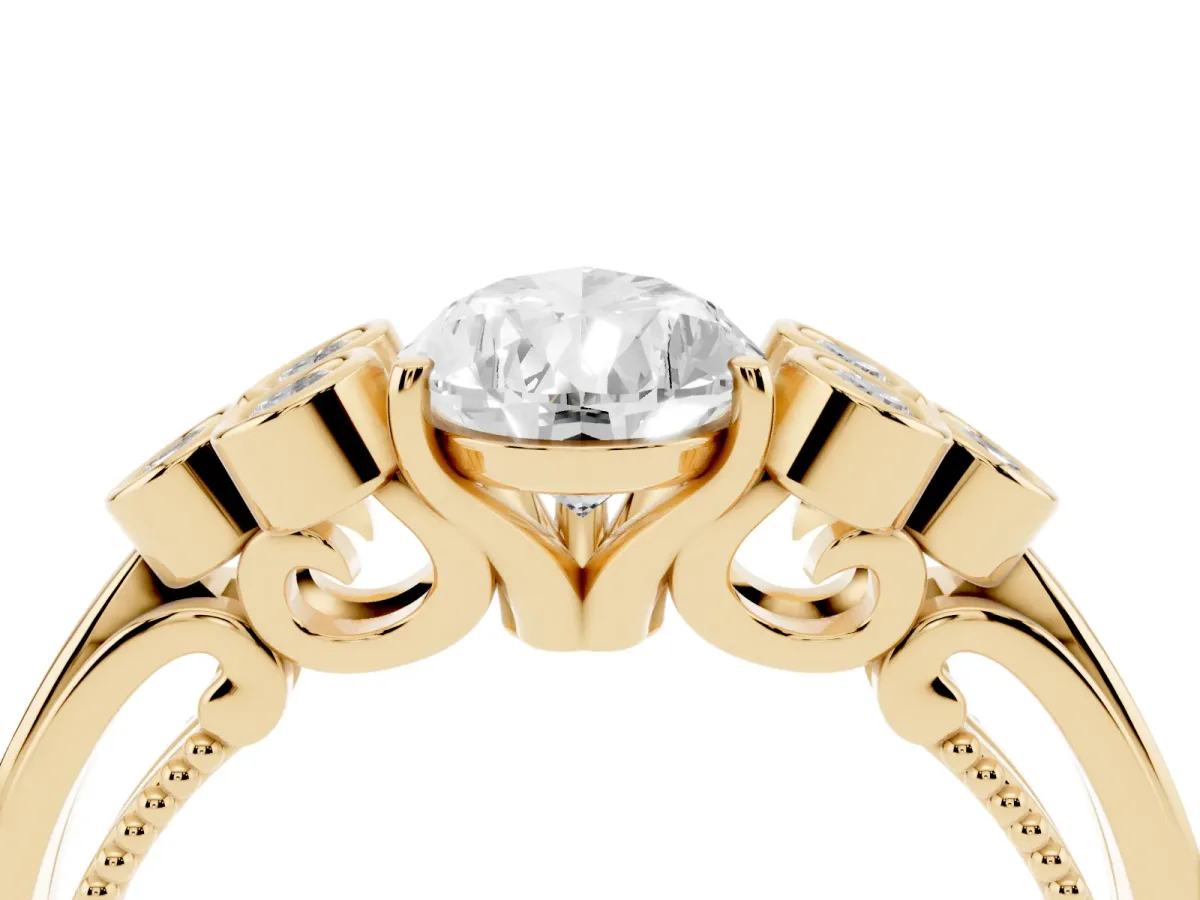 Pear Cut Cut Diamond Engagement Ring with Bezel Set Round Side Stones and Prong Setting Yellow gold