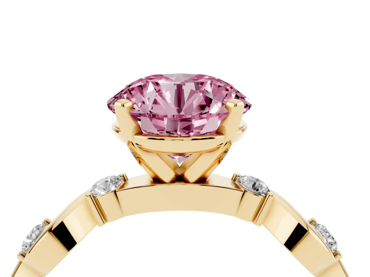 Fancy Pink Round Cut Diamond Solitaire Twisted Band with Round Accents and Prong Setting Yellow gold