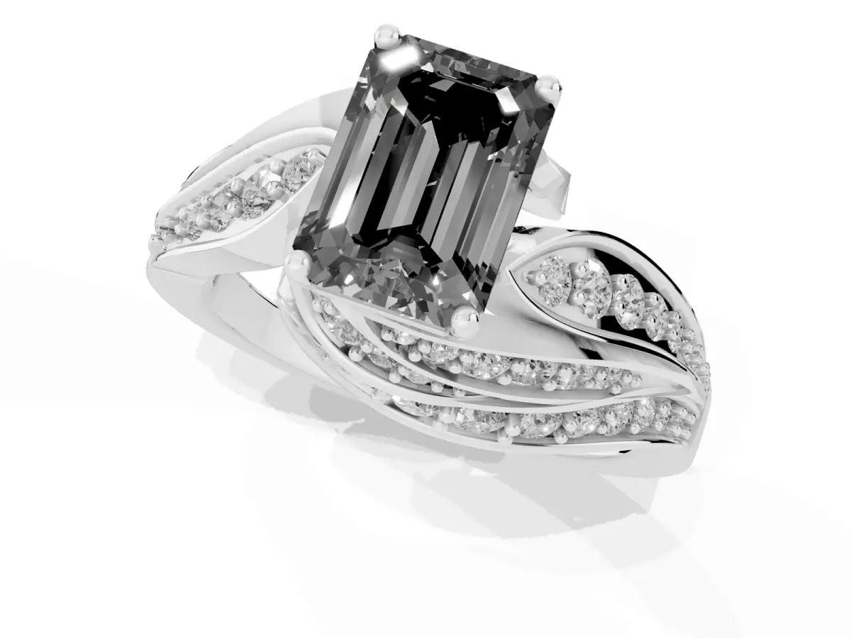 Fancy Black Emerald Cut Diamond Solitaire Ring with Prong Setting and Twisted Pavé Band Silver