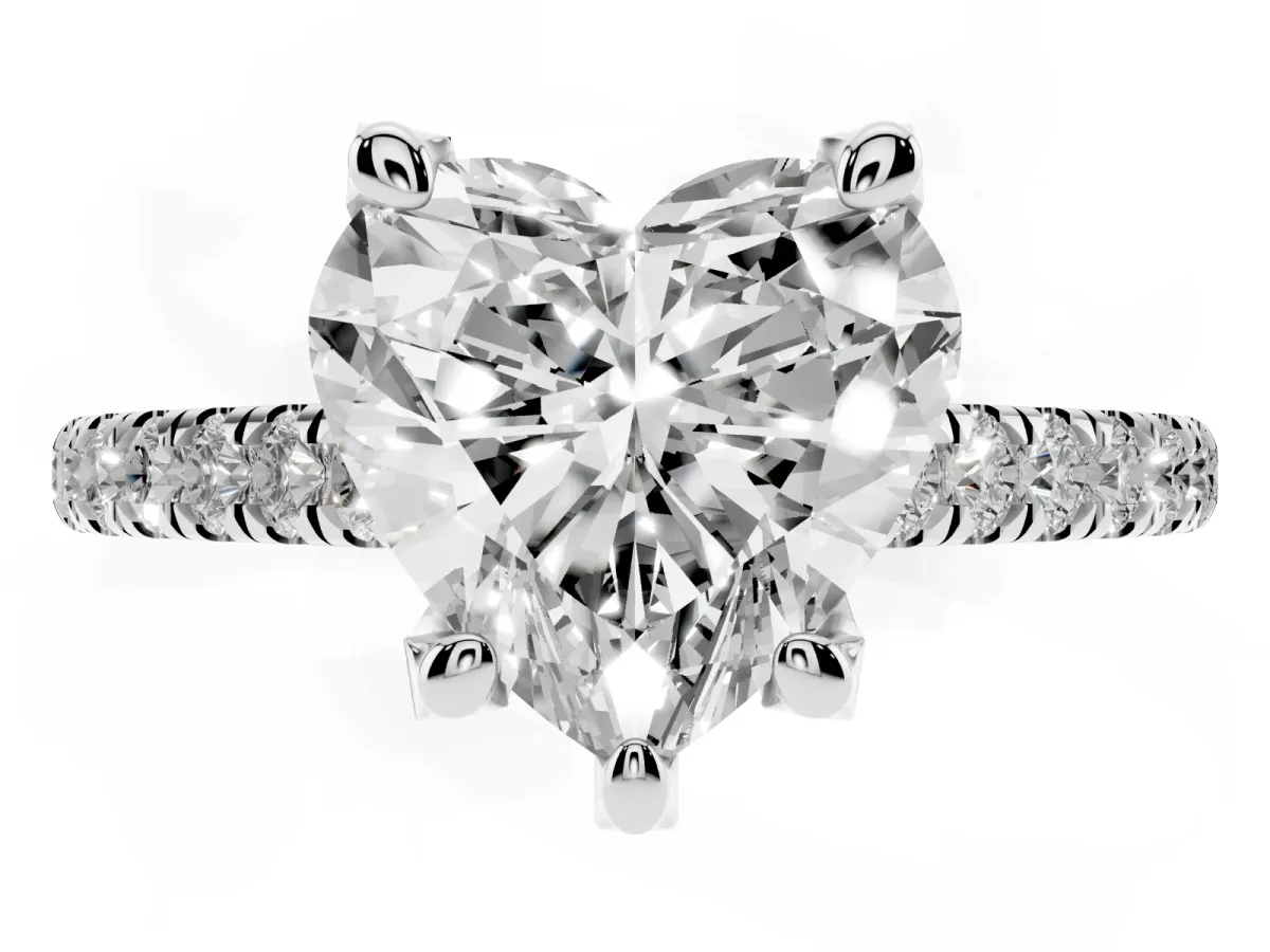 Heart Cut Brilliant Diamond Solitaire with Pavé Band and Four-Prong Setting White gold