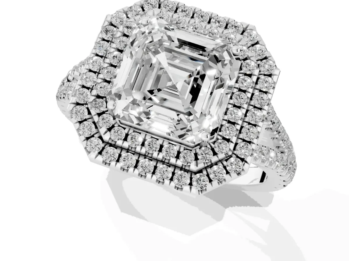 Asscher Cut Diamond Double Halo Ring with Pavé Band and Prong Setting Silver
