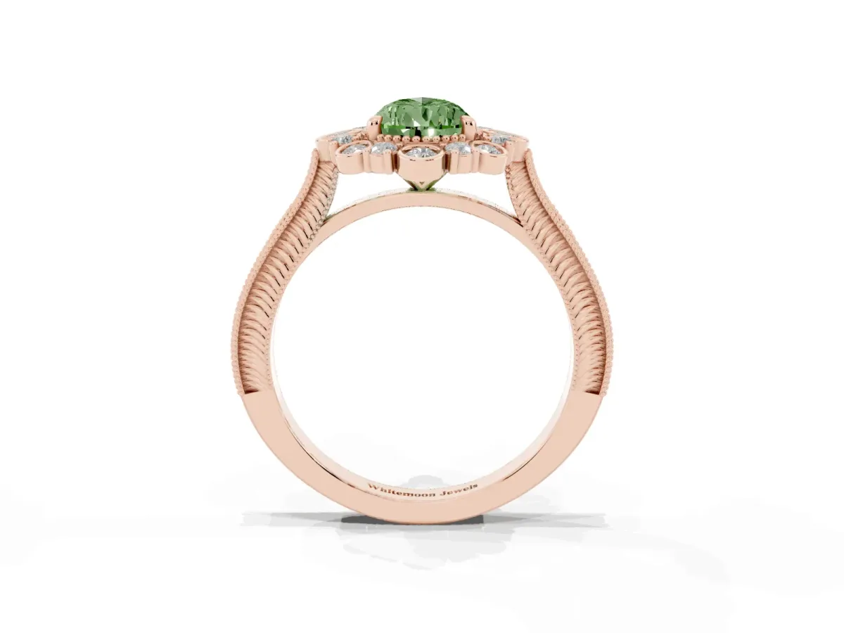 Fancy Green Pear Cut Halo Milgrain Pave Diamond Ring with Four-Prong Setting Rose gold