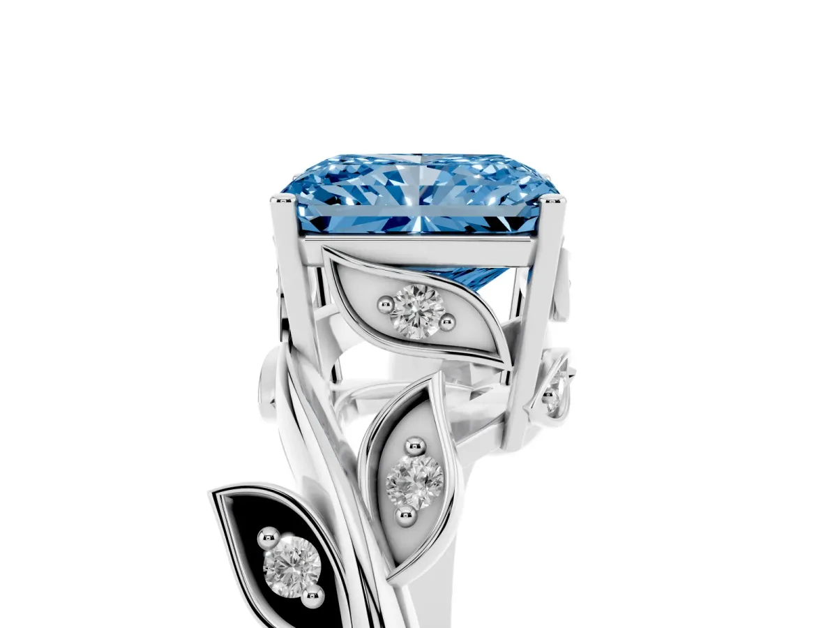 Fancy Blue Radiant Cut Solitaire Twist Engagement Ring with Leaf Accents and Prong Setting White gold