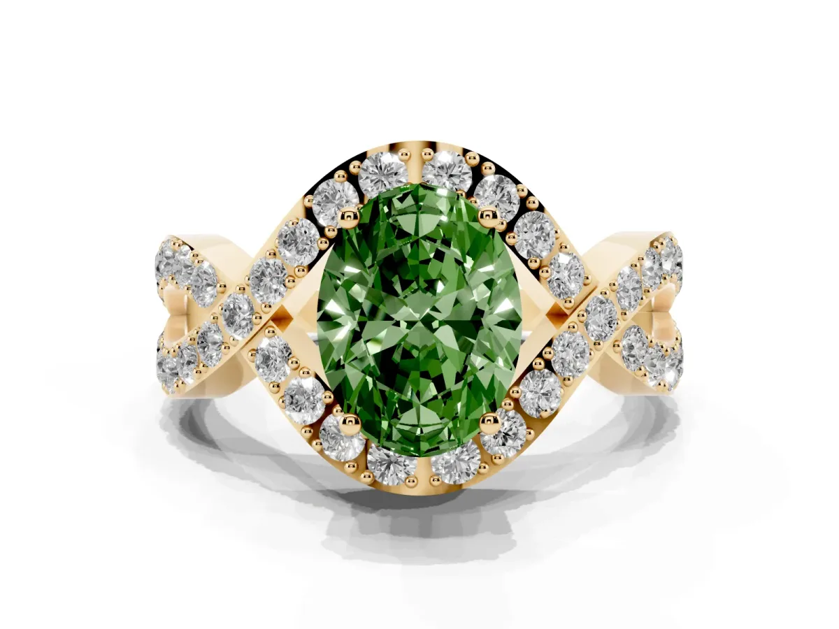 Fancy Green Oval Cut Solitaire Twist Band Pavé Diamond Engagement Ring Yellow gold