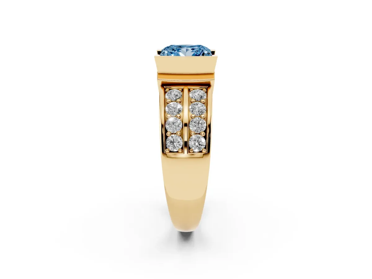 Fancy Blue Princess Cut Brilliant Diamond Channel Set Wide Band Ring with Bezel Setting Yellow gold