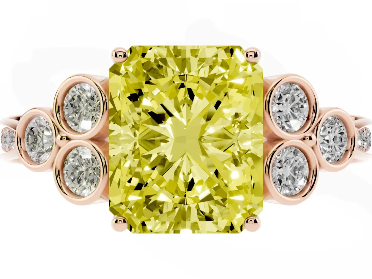 Fancy Yellow Radiant Cut Cut Diamond Engagement Ring with Bezel Set Round Side Stones and Prong Setting Rose gold