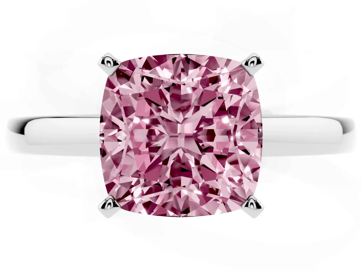 Fancy Pink Cushion Cut Solitaire Diamond Engagement Ring with Four-Prong Setting on a Classic Band White gold
