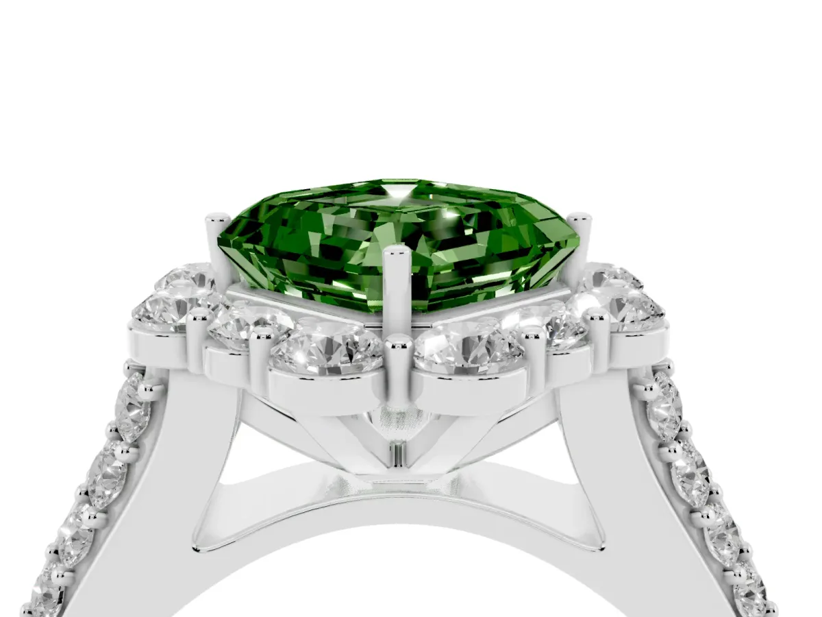 Fancy Green Asscher Cut Halo Diamond Engagement Ring with Split Shank and Prong Setting Silver