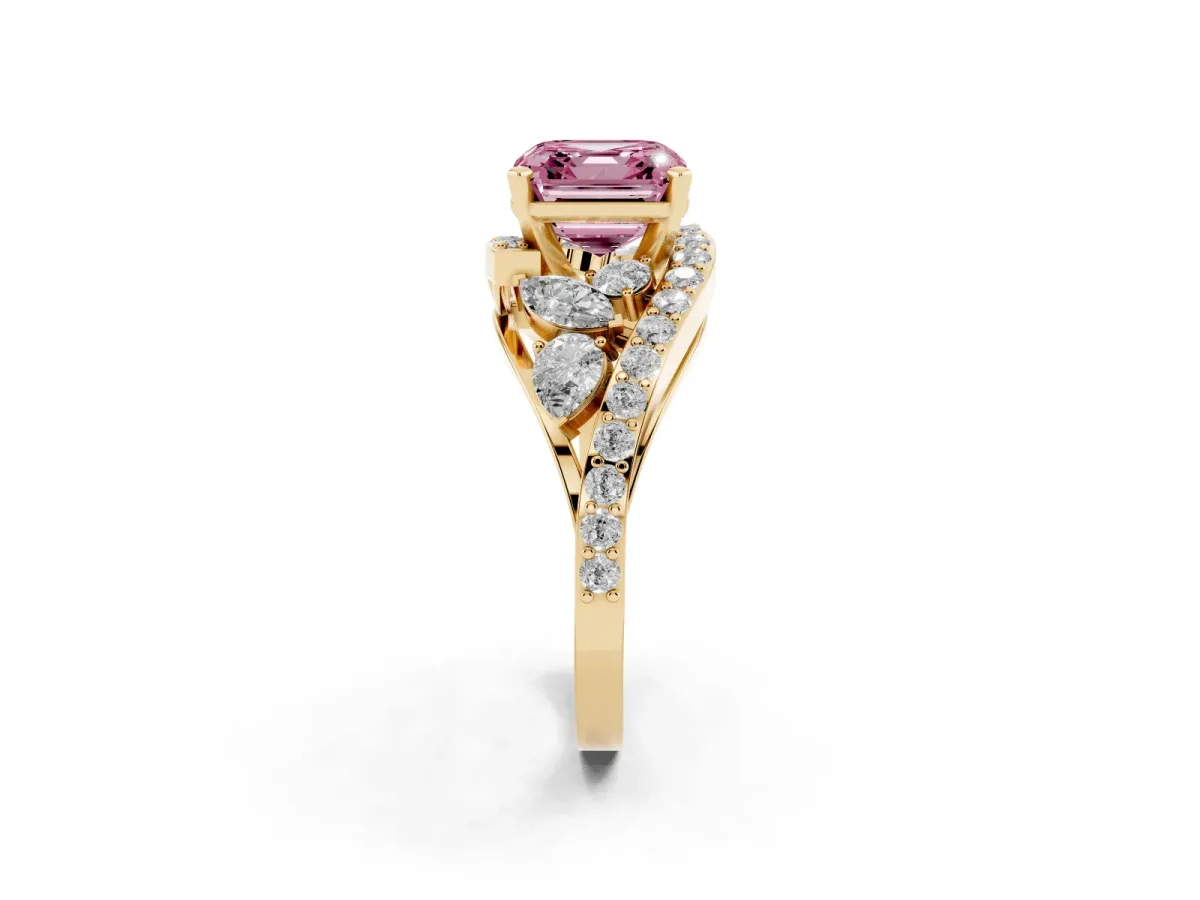 Fancy Pink Asscher Cut Diamond Halo Ring with Marquise and Pavé Band in Prong Setting Yellow gold