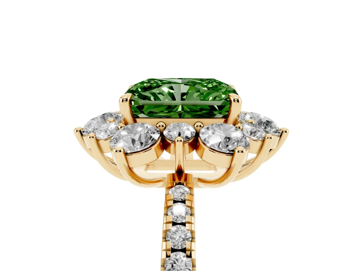 Fancy Green Radiant Cut Diamond Floral Halo Ring with Round Pavé Band and Prong Setting Yellow gold