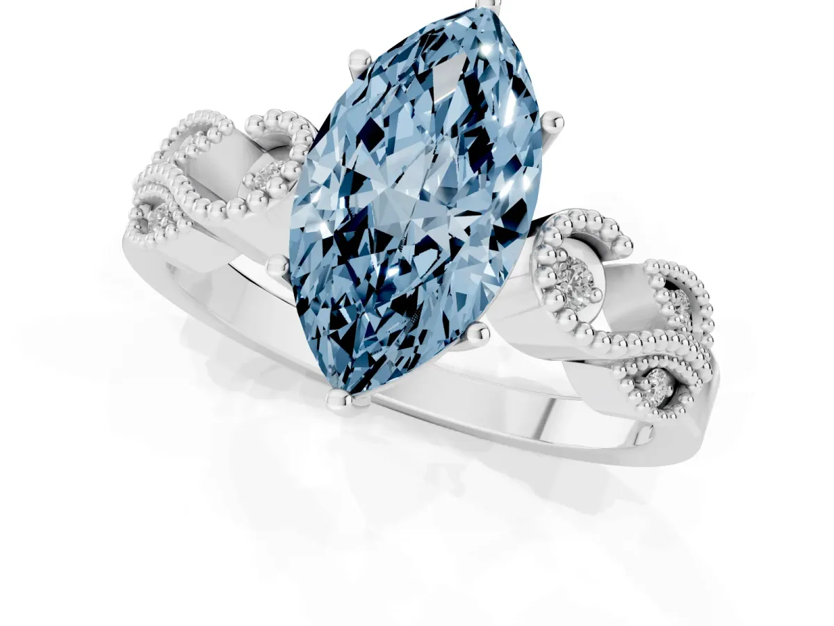 Fancy Blue Marquise Cut Solitaire Milgrain Leaf Band with Prong Setting Platinum