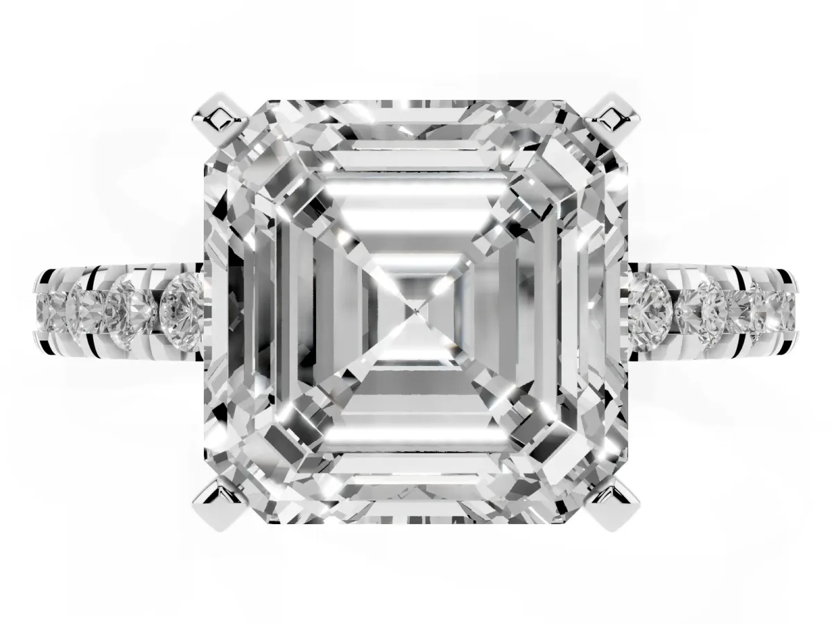Asscher Cut Diamond Pavé Band Solitaire with Four-Prong Setting Silver