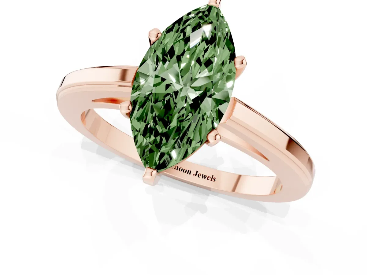 Fancy Green Marquise Cut Solitaire Diamond Ring with Four-Prong Setting and Classic Band Rose gold