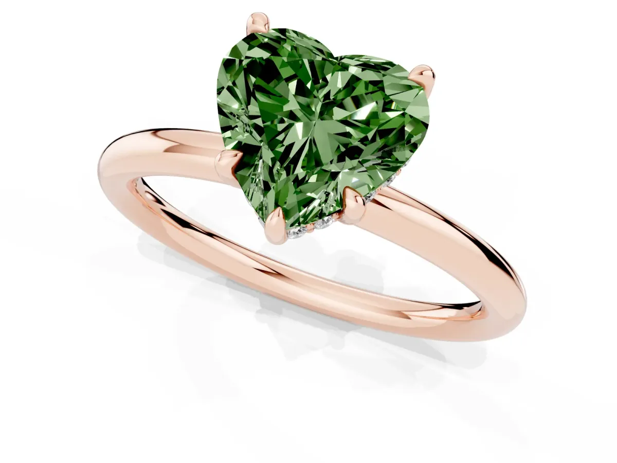 Fancy Green Heart Cut Diamond Solitaire Ring with Thin Band and Four-Prong Setting Rose gold