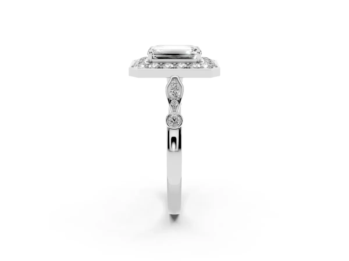Emerald Cut Halo Diamond Engagement Ring with Twisted Band and Four-Prong Setting Silver