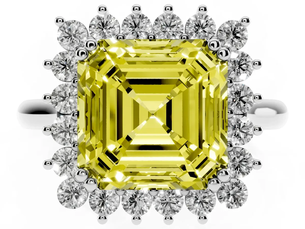 Fancy Yellow Asscher Cut Cut Diamond Halo Ring with Solitaire Band and Prong Setting White gold