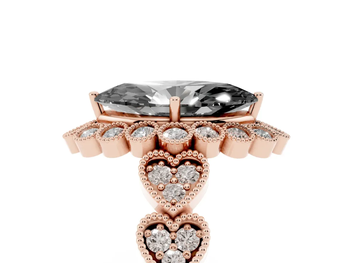 Fancy Black Marquise Cut Brilliant Milgrain Pave Heart Band Solitaire Ring Rose gold