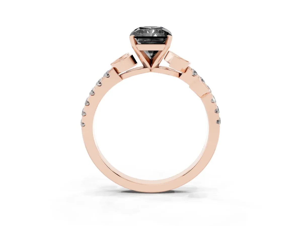 Fancy Black Radiant Cut Solitaire Leaf-Inspired Diamond Ring with Pavé Band and Four-Prong Setting Rose gold
