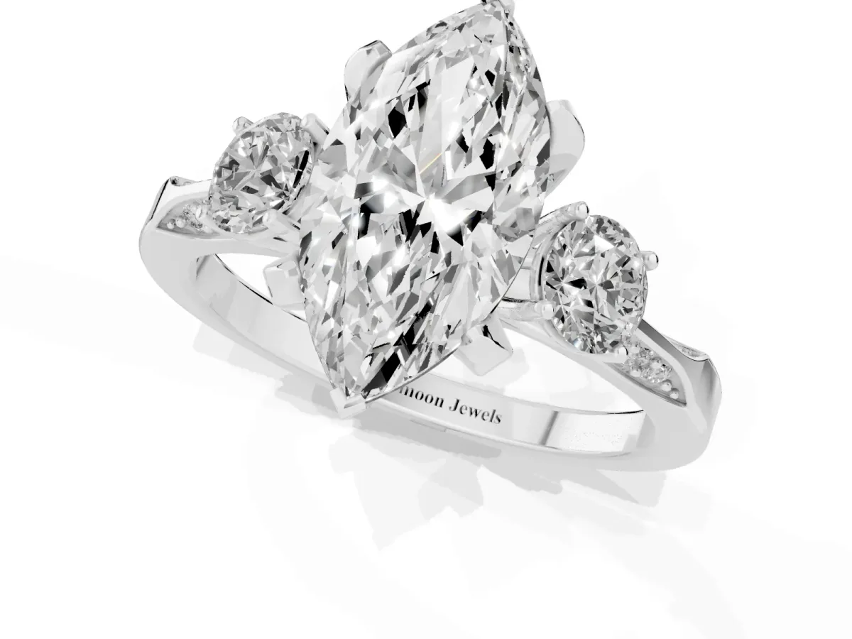 Marquise Cut Brilliant Three-Stone Diamond Ring with Pavé Band and Four-Prong Setting Silver