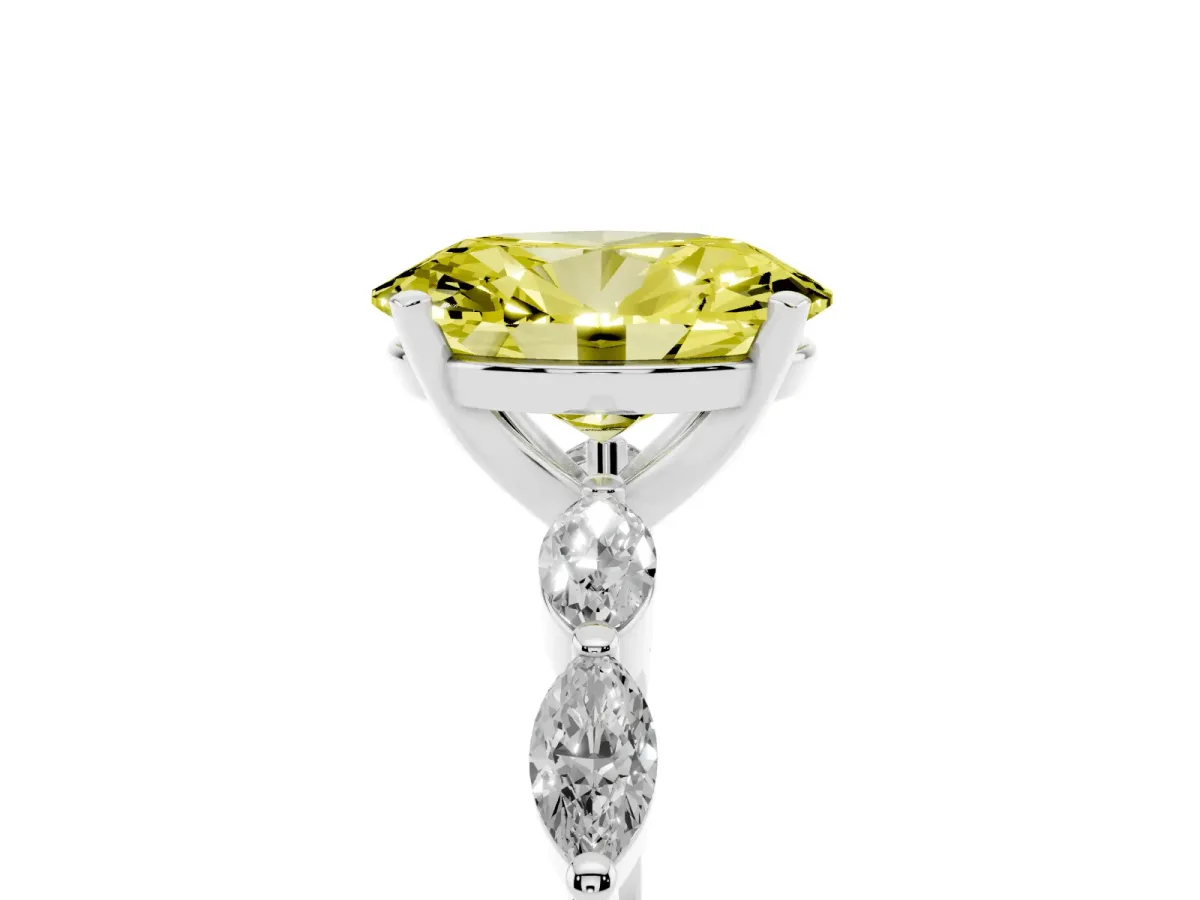 Fancy Yellow Oval Cut Diamond Ring with Marquise Side Stones and Prong Setting Platinum