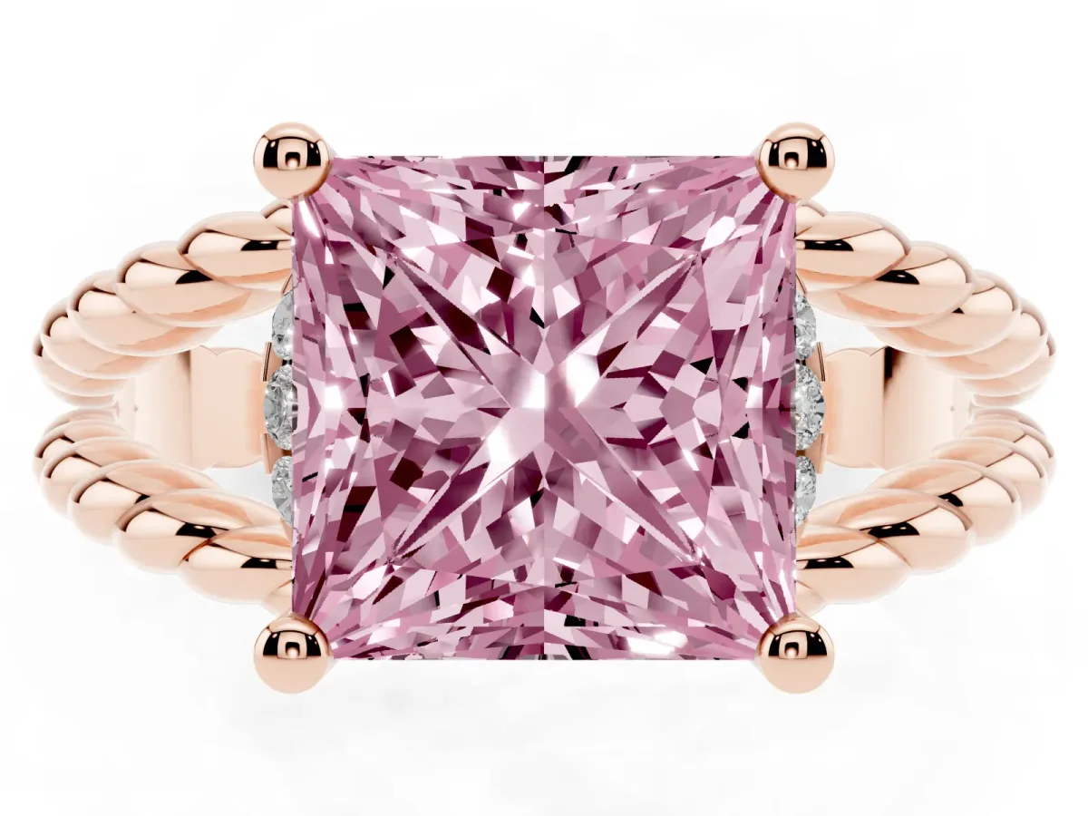 Fancy Pink Princess Cut Halo Twisted Band Four-Prong Ring Rose gold