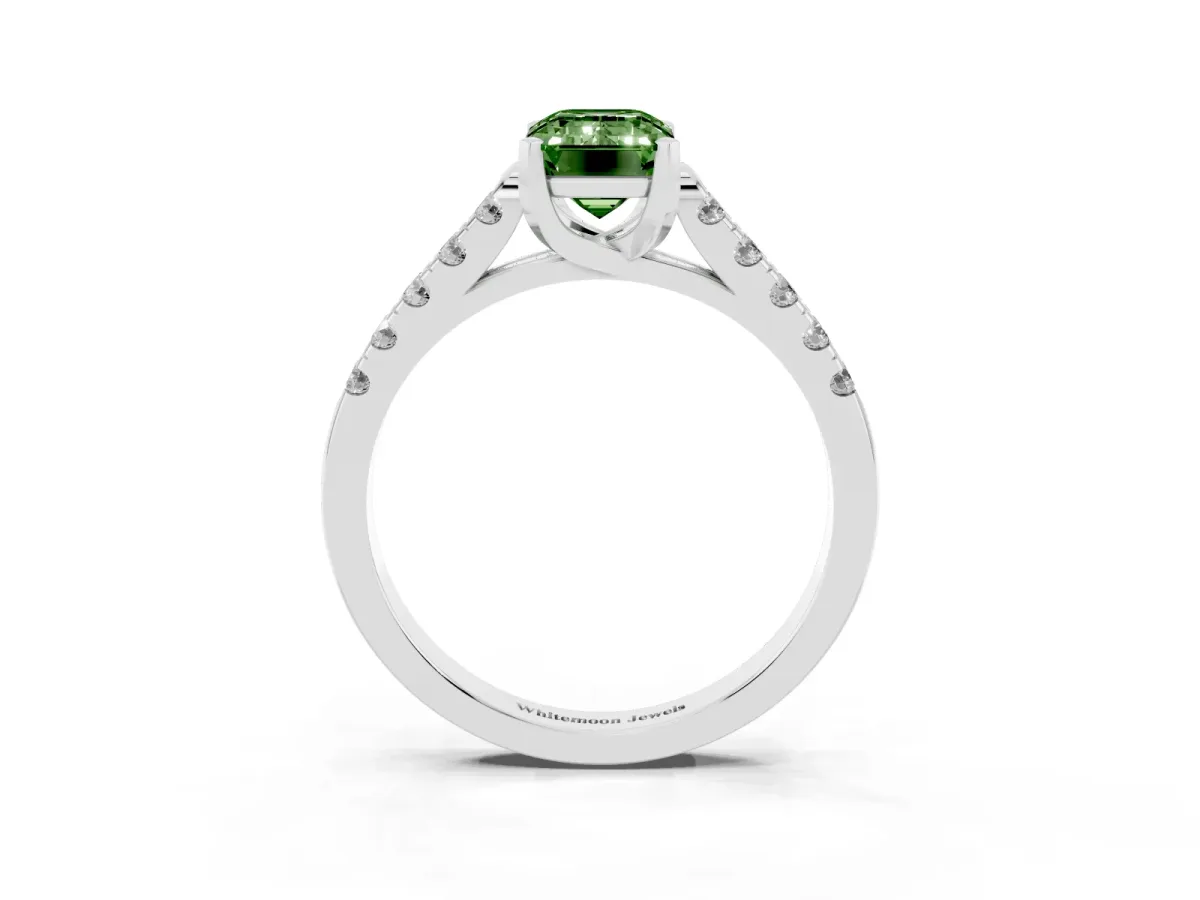 Fancy Green Emerald Cut Diamond Pavé Band Solitaire Ring with Prong Setting Platinum