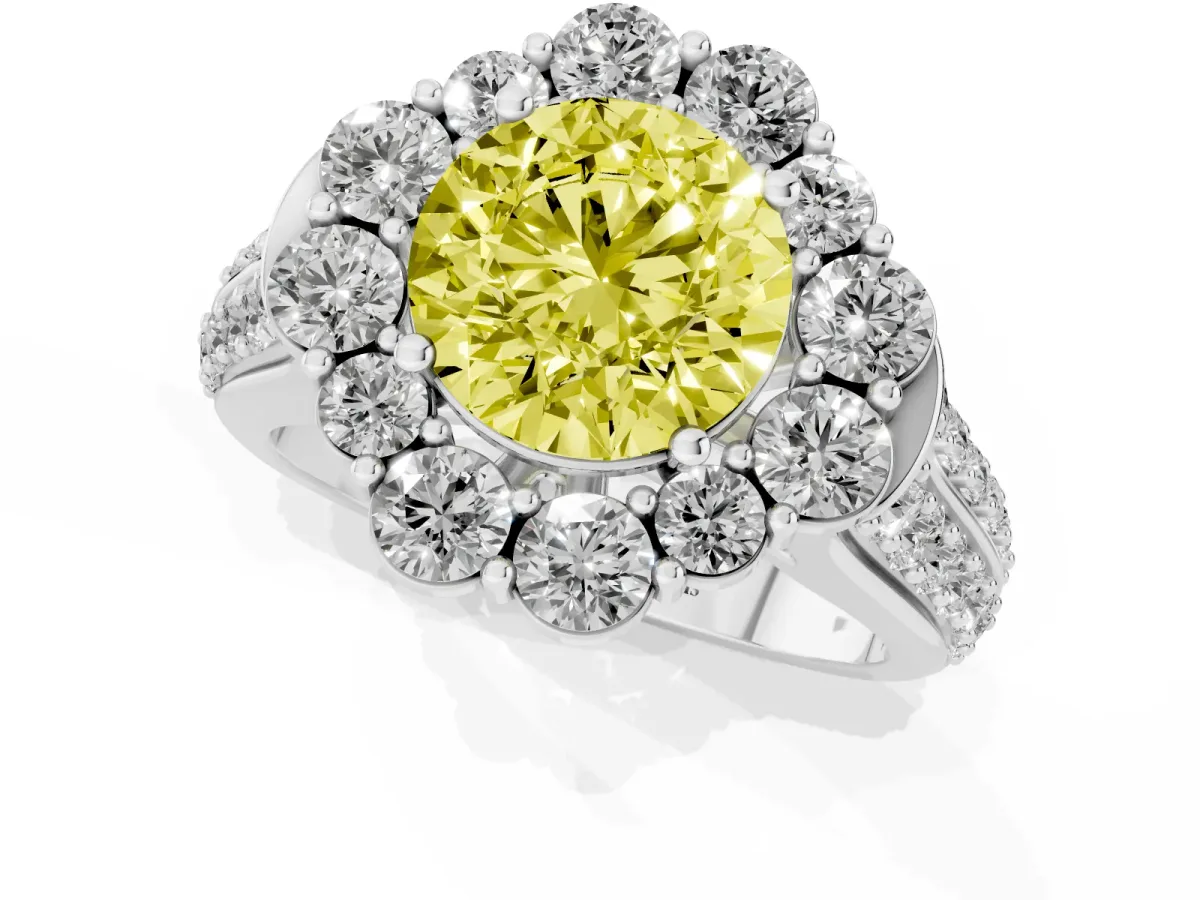 Fancy Yellow Round Cut Halo Diamond Engagement Ring with Split Shank and Prong Setting Silver